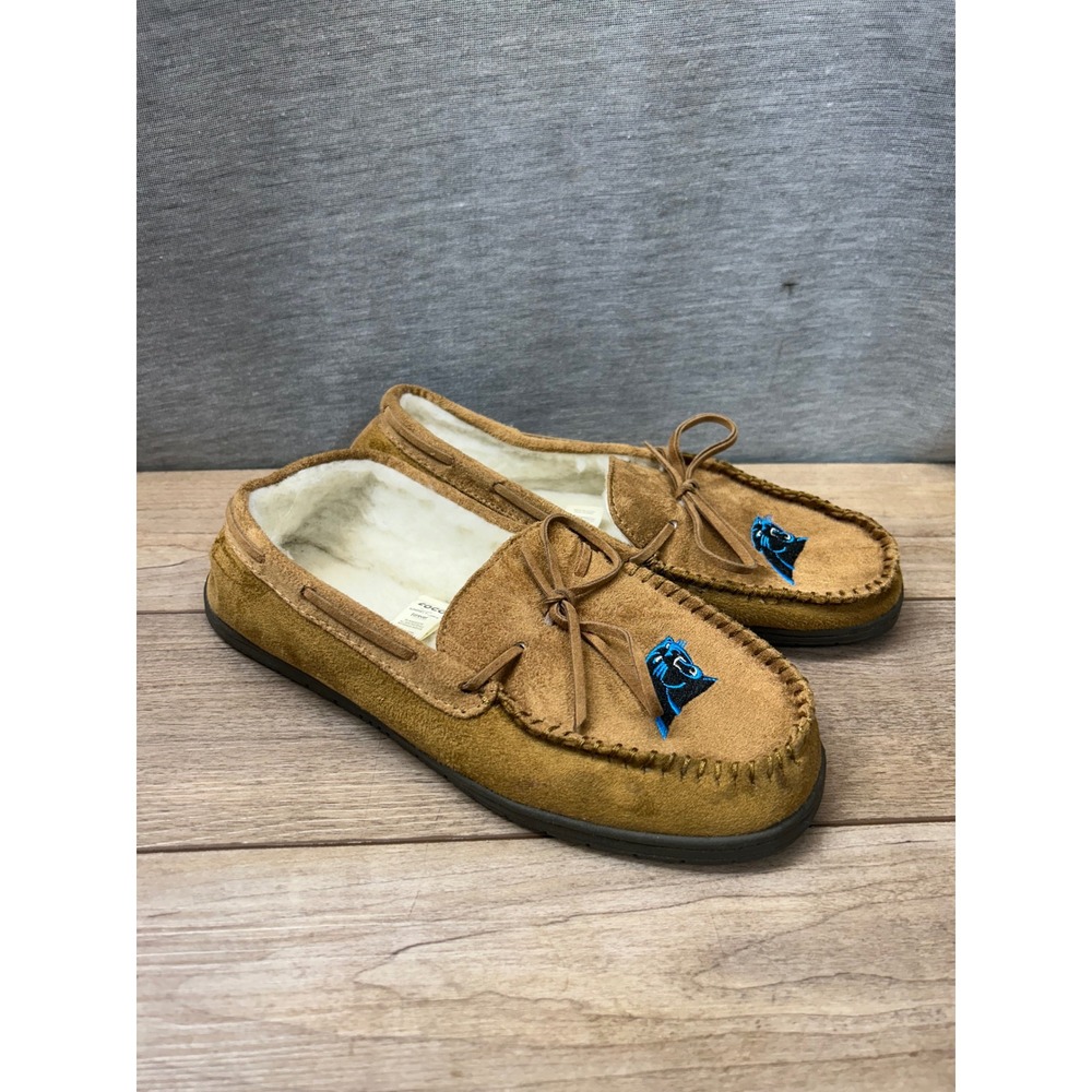 FOCO Carolina Panthers Moccasin Slippers Tan Suede Faux Fur Size Small NFL Mens